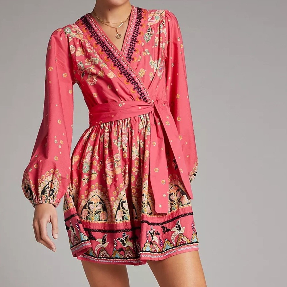 Anthropologie Coral Pink Floral Wrap Mini Dress